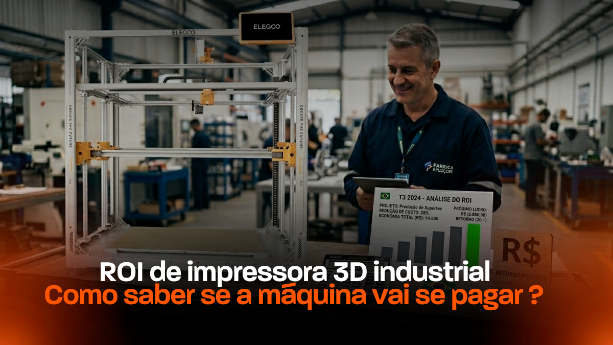 Cálculo do ROI de impressora 3D industrial com máquina, calculadora e gráfico de retorno
