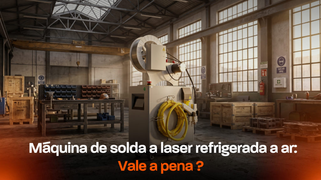 Operador usando máquina de solda a laser a ar portátil em peça metálica numa oficina, com a unidade compacta ao lado
