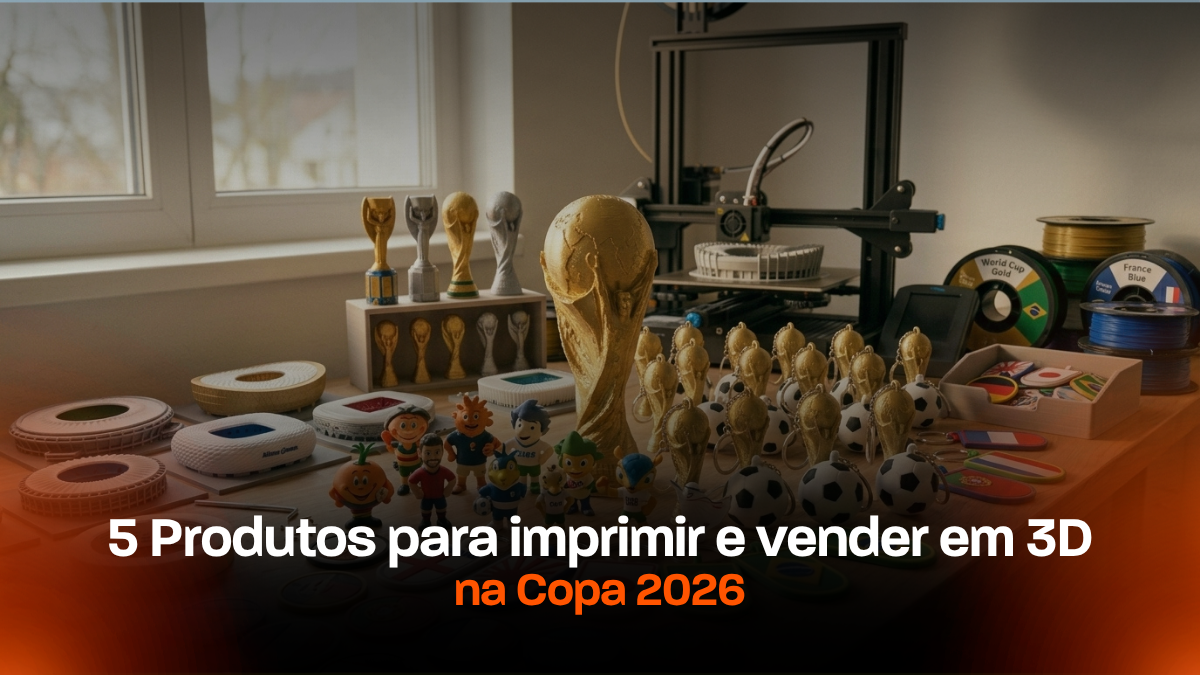 Produtos para imprimir em 3D Copa 2026 dispostos em bancada de oficina, incluindo mini troféu, chaveiros, suporte de celular e porta-figurinhas